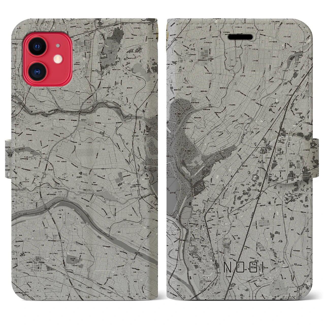 【野木(栃木県)】地図柄iPhoneケース(手帳タイプ)モノトーン・iPhone 11 用