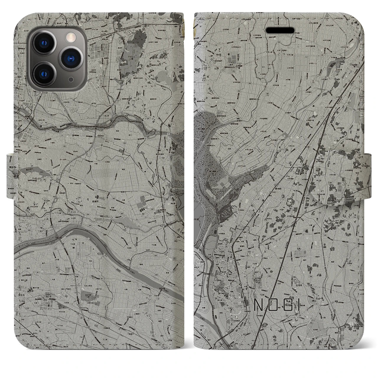 【野木(栃木県)】地図柄iPhoneケース(手帳タイプ)モノトーン・iPhone 11 Pro Max 用