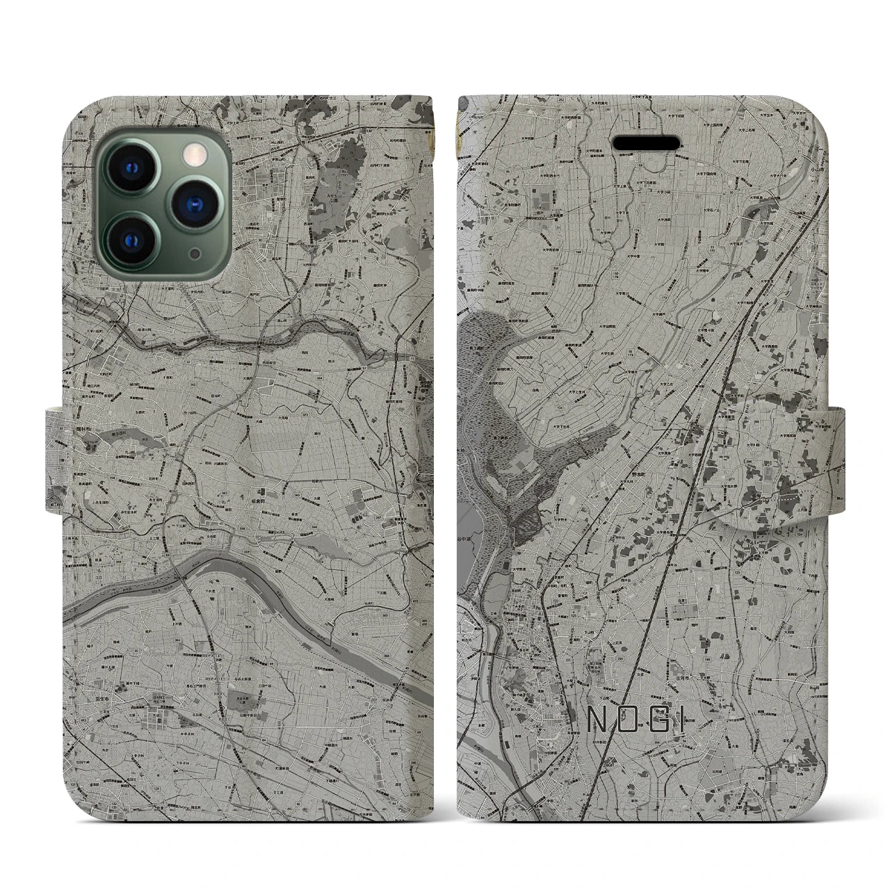 【野木(栃木県)】地図柄iPhoneケース(手帳タイプ)モノトーン・iPhone 11 Pro 用