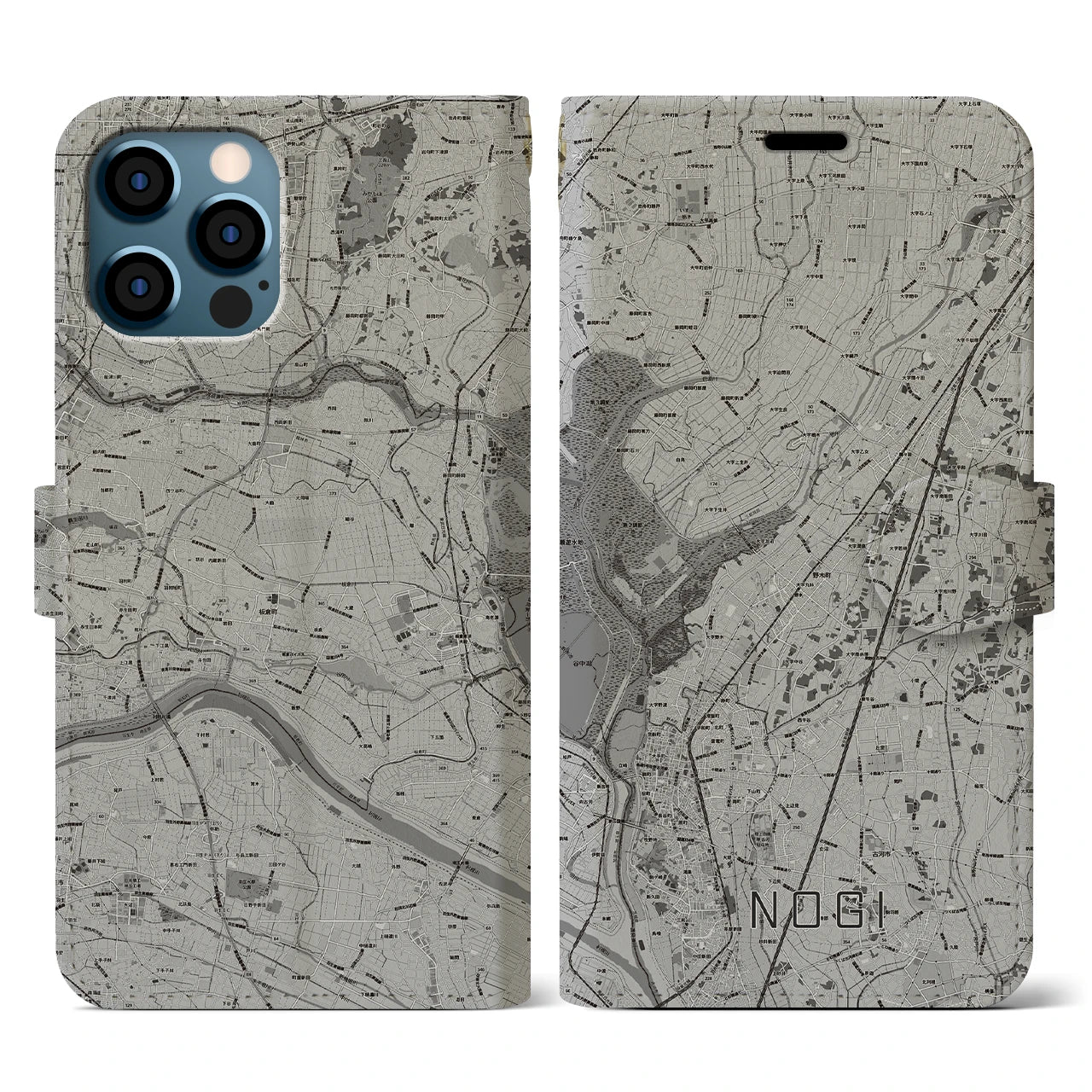 【野木(栃木県)】地図柄iPhoneケース(手帳タイプ)モノトーン・iPhone 12 / 12 Pro 用