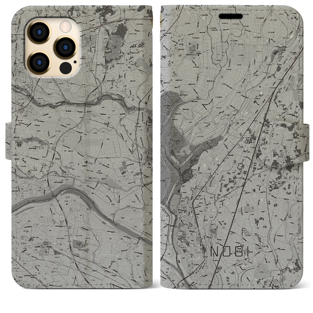 【野木(栃木県)】地図柄iPhoneケース(手帳タイプ)モノトーン・iPhone 12 Pro Max 用
