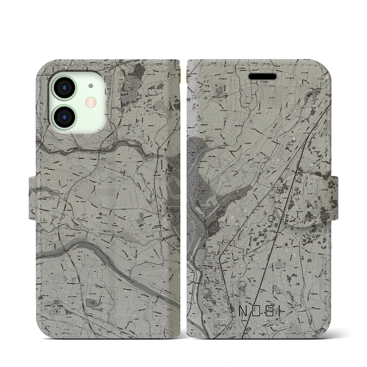 【野木(栃木県)】地図柄iPhoneケース(手帳タイプ)モノトーン・iPhone 12 mini 用