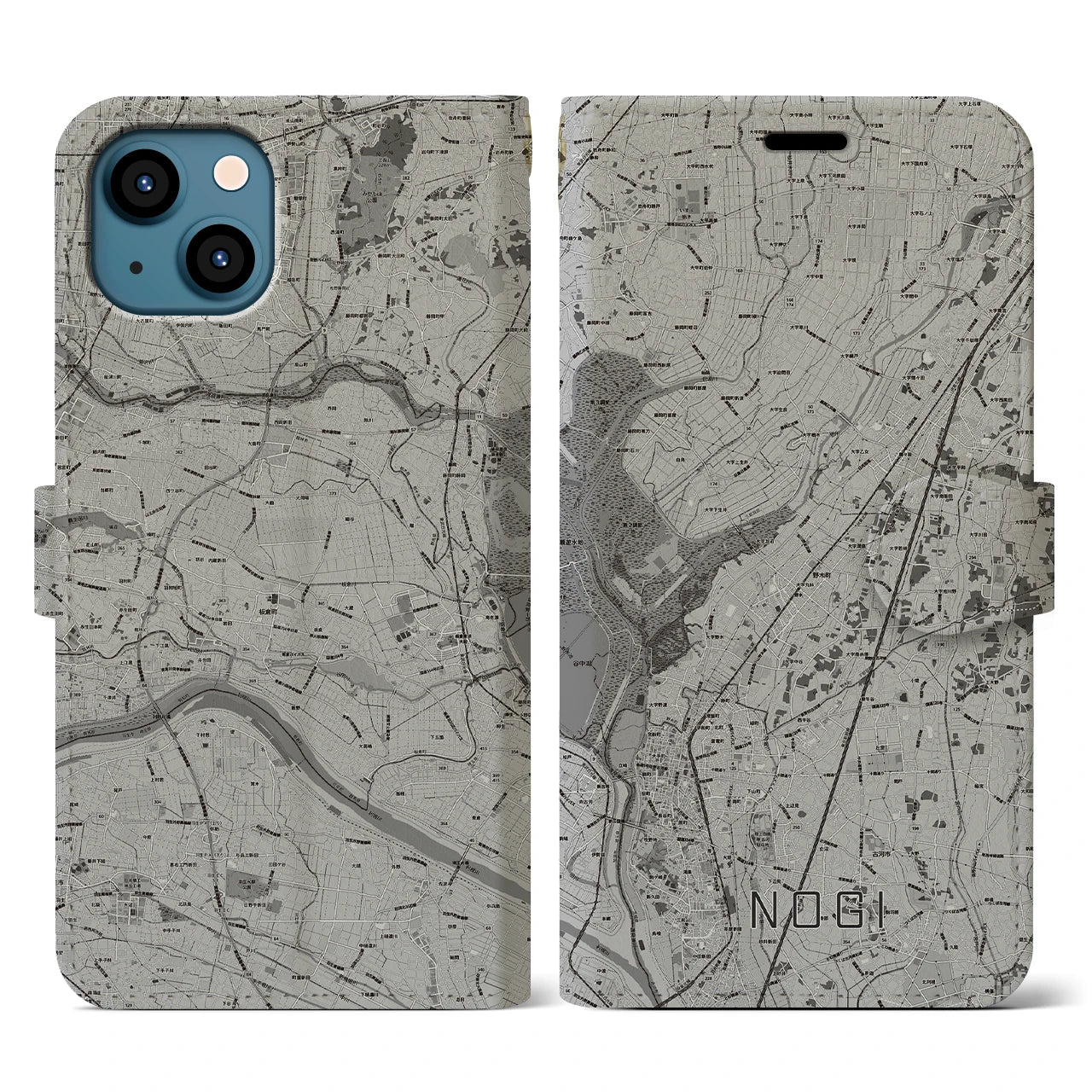【野木(栃木県)】地図柄iPhoneケース(手帳タイプ)モノトーン・iPhone 13 用