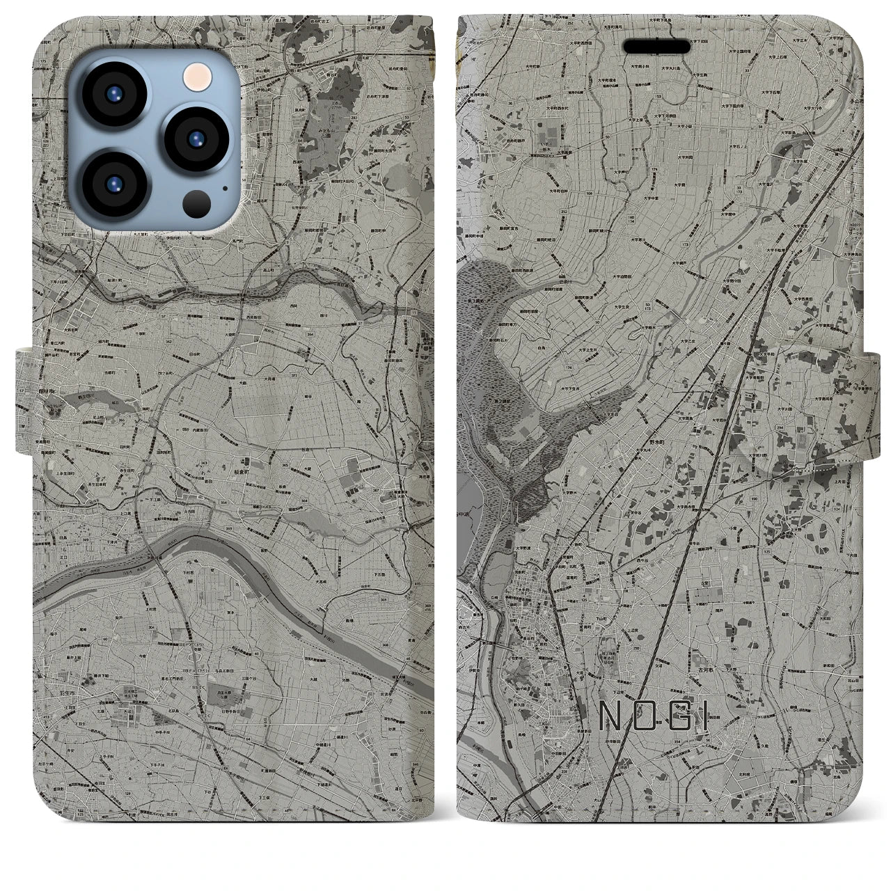 【野木(栃木県)】地図柄iPhoneケース(手帳タイプ)モノトーン・iPhone 13 Pro Max 用