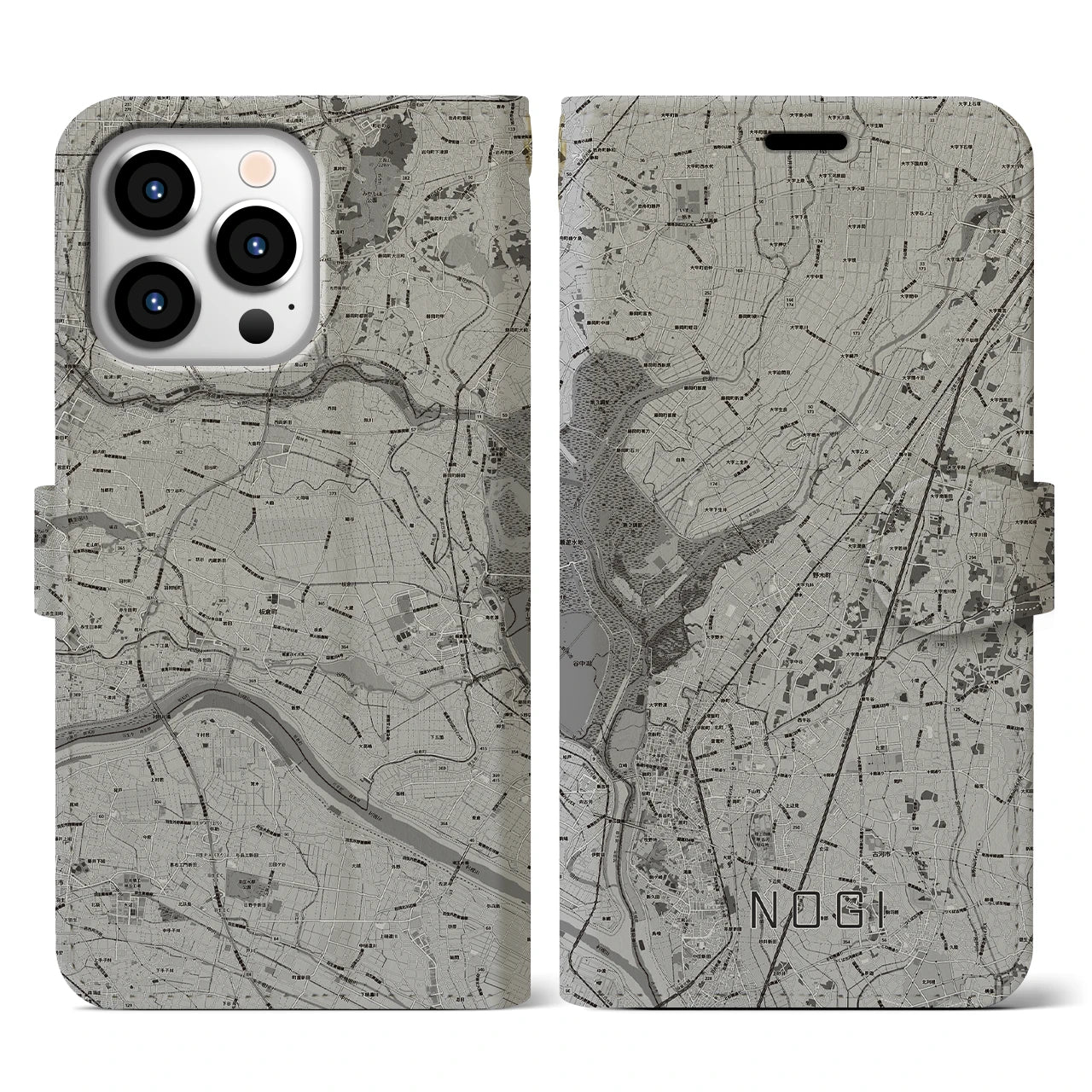 【野木(栃木県)】地図柄iPhoneケース(手帳タイプ)モノトーン・iPhone 13 Pro 用