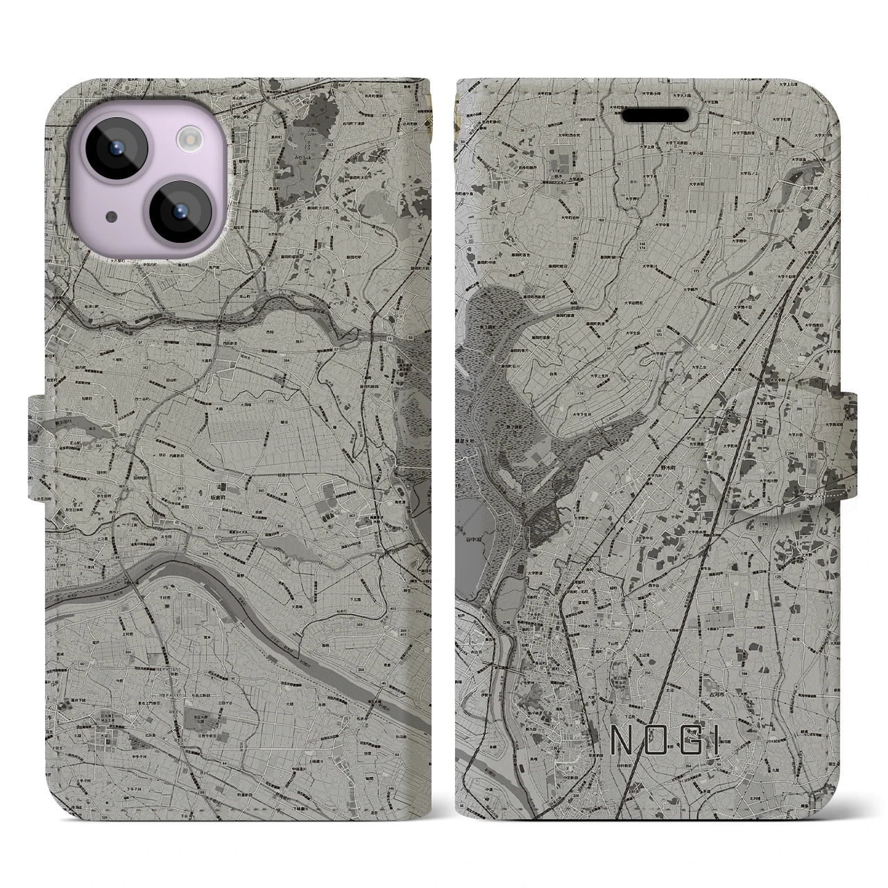 【野木(栃木県)】地図柄iPhoneケース(手帳タイプ)モノトーン・iPhone 14 用