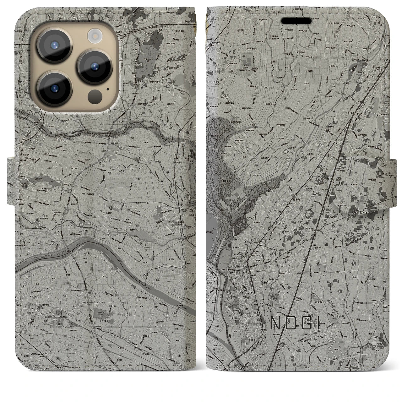 【野木(栃木県)】地図柄iPhoneケース(手帳タイプ)モノトーン・iPhone 14 Pro Max 用
