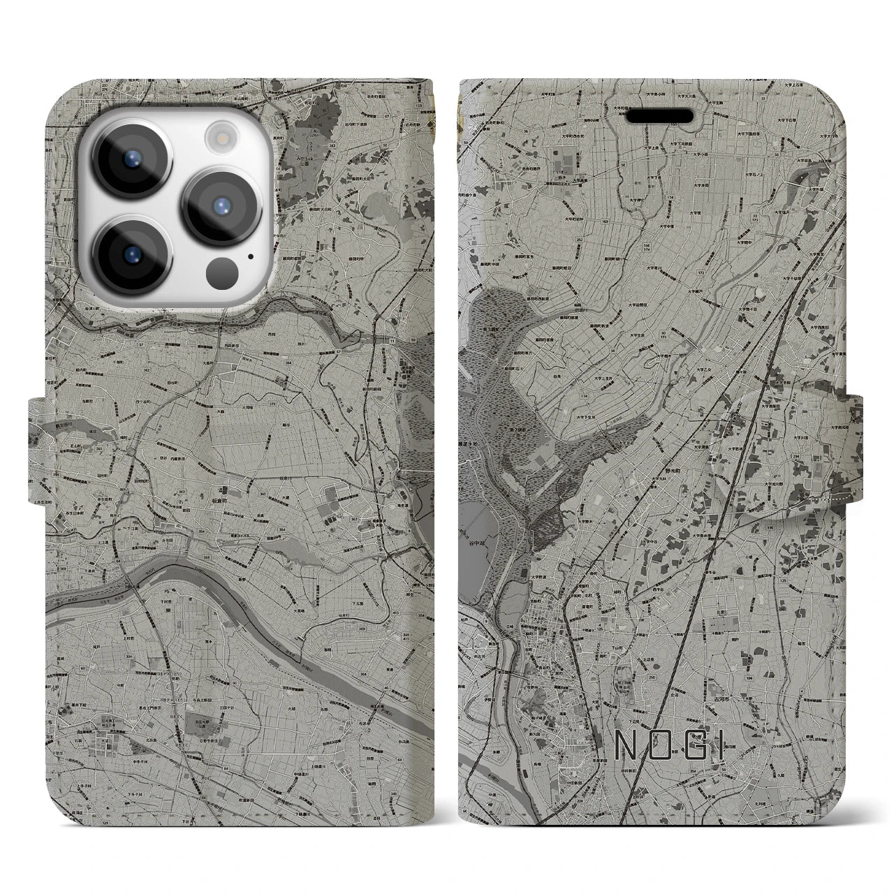【野木(栃木県)】地図柄iPhoneケース(手帳タイプ)モノトーン・iPhone 14 Pro 用