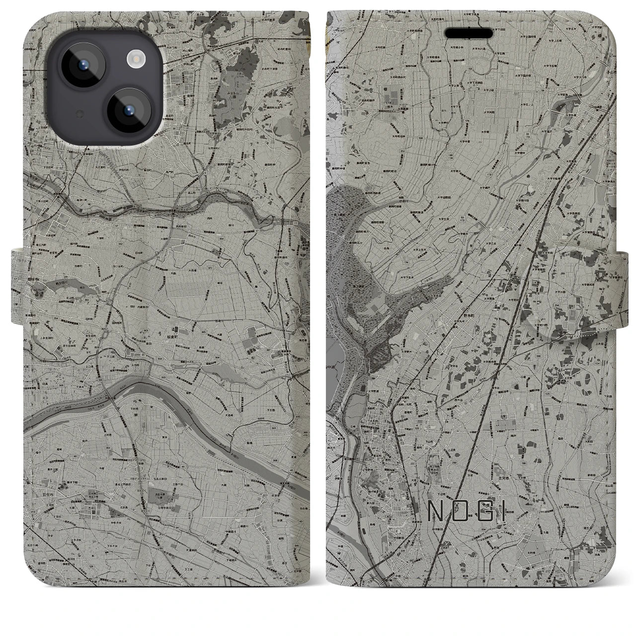 【野木(栃木県)】地図柄iPhoneケース(手帳タイプ)モノトーン・iPhone 14 Plus 用