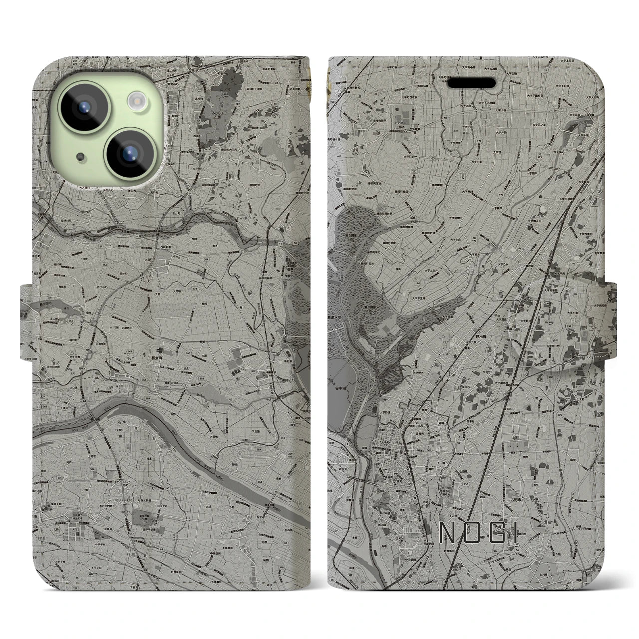 【野木(栃木県)】地図柄iPhoneケース(手帳タイプ)モノトーン・iPhone 15 用