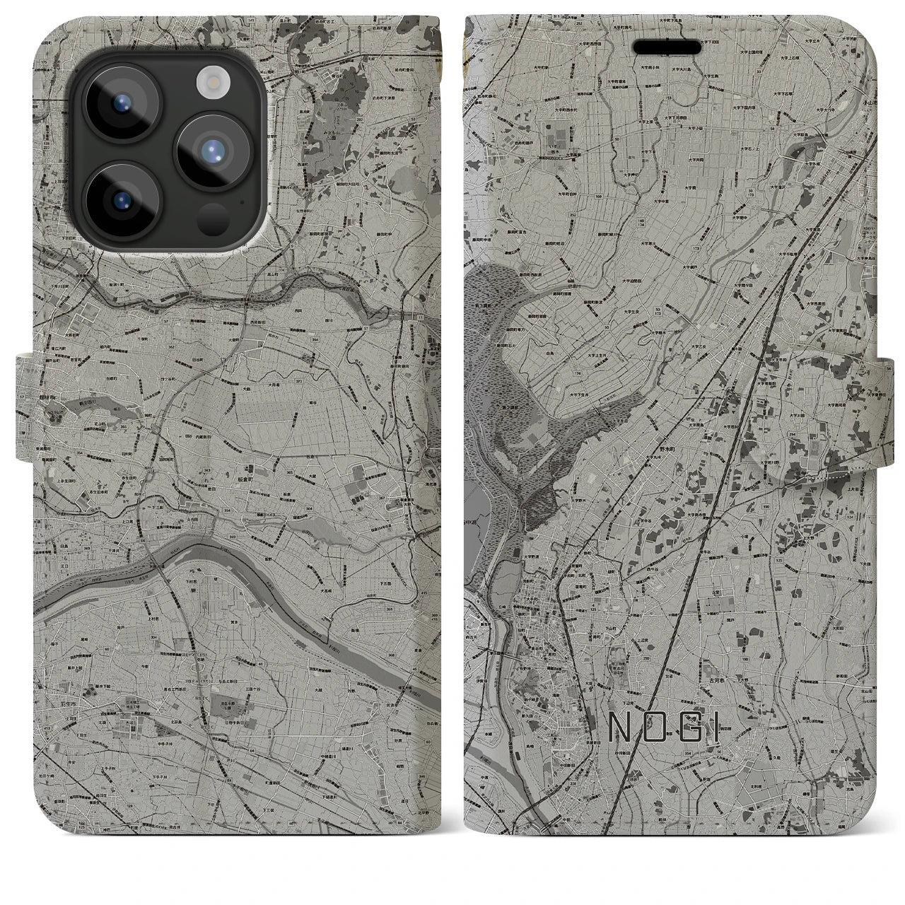 【野木(栃木県)】地図柄iPhoneケース(手帳タイプ)モノトーン・iPhone 15 Pro Max 用