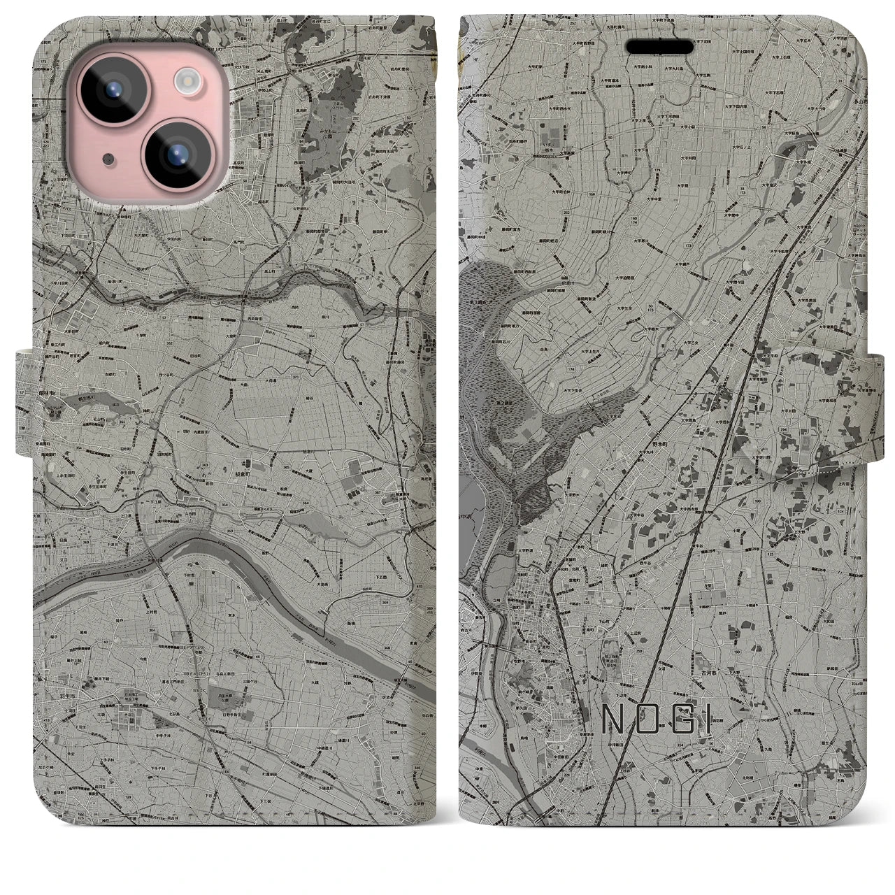 【野木(栃木県)】地図柄iPhoneケース(手帳タイプ)モノトーン・iPhone 15 Plus 用