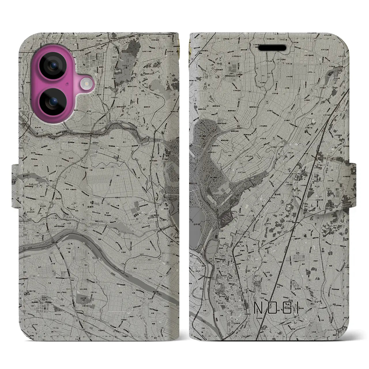 【野木(栃木県)】地図柄iPhoneケース(手帳タイプ)モノトーン・iPhone 16 Pro 用
