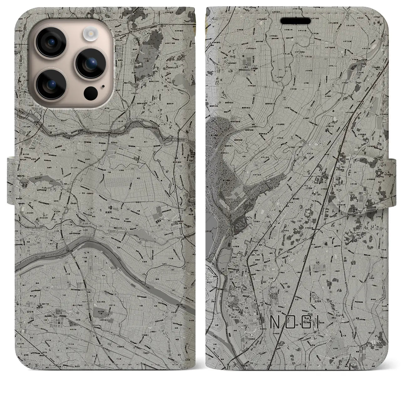【野木(栃木県)】地図柄iPhoneケース(手帳タイプ)モノトーン・iPhone 16 Plus 用