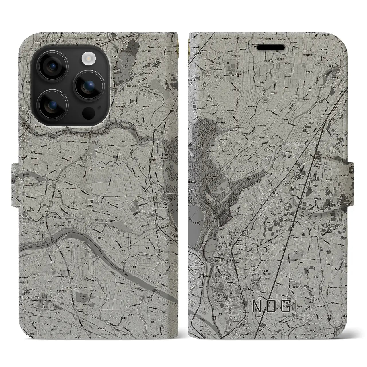 【野木(栃木県)】地図柄iPhoneケース(手帳タイプ)モノトーン・iPhone 16 用