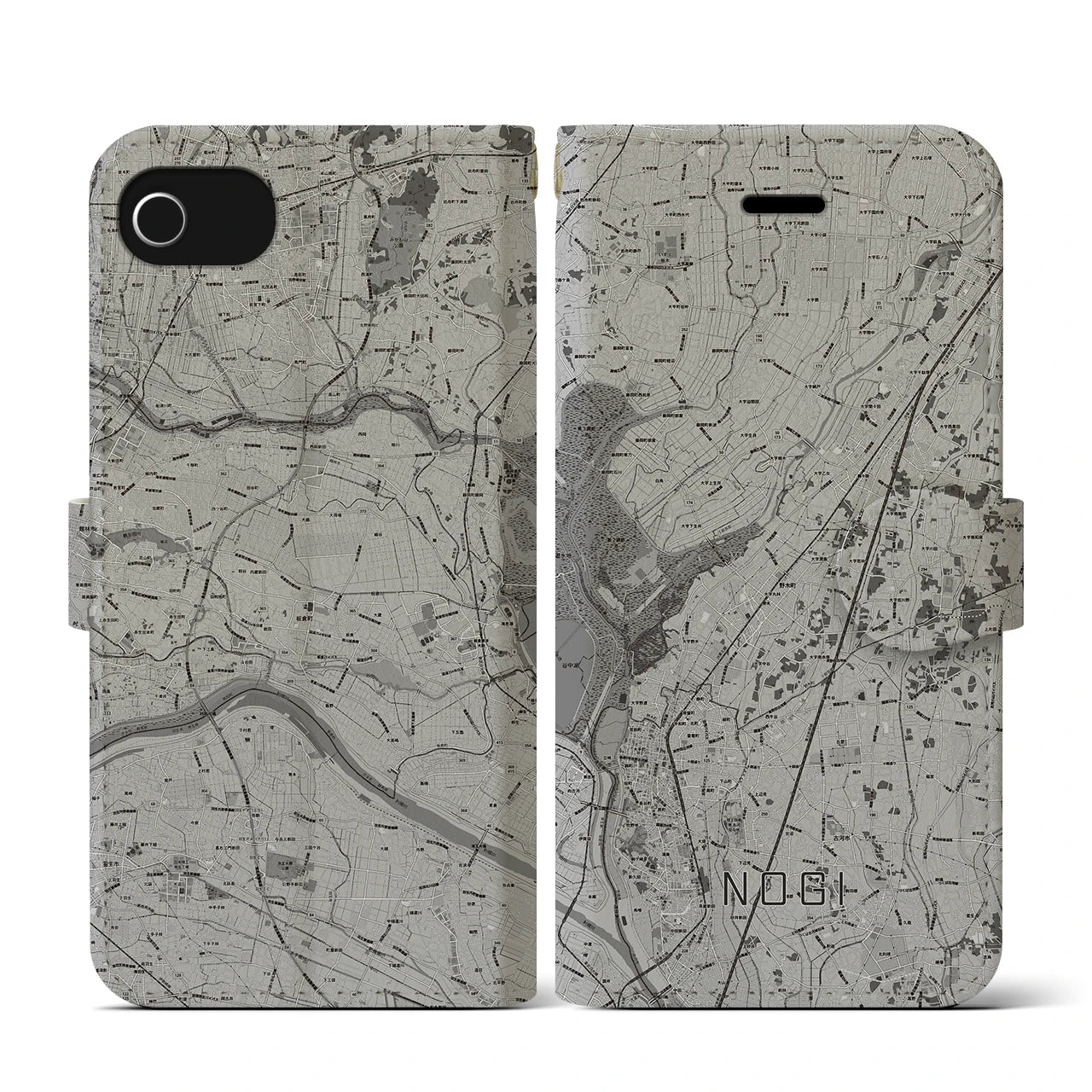 【野木(栃木県)】地図柄iPhoneケース(手帳タイプ)モノトーン・iPhone SE(第3 / 第2世代) / 8 / 7 / 6s / 6 用
