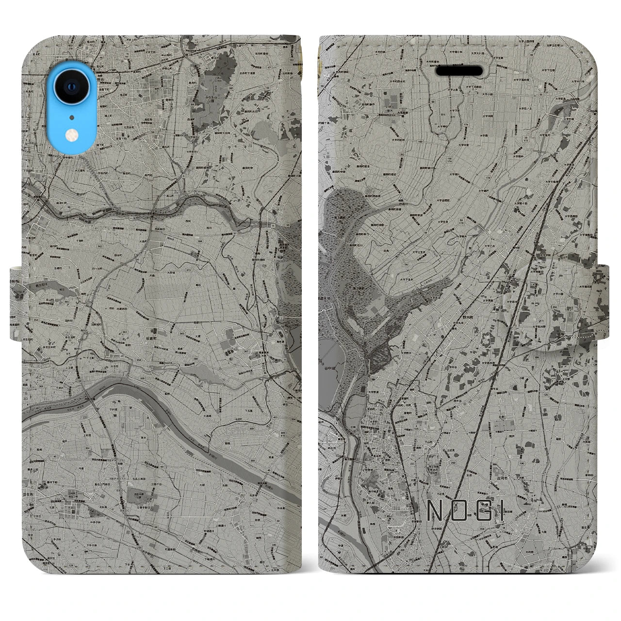 【野木(栃木県)】地図柄iPhoneケース(手帳タイプ)モノトーン・iPhone XR 用