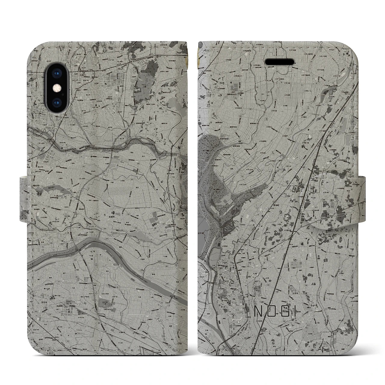 【野木(栃木県)】地図柄iPhoneケース(手帳タイプ)モノトーン・iPhone XS / X 用
