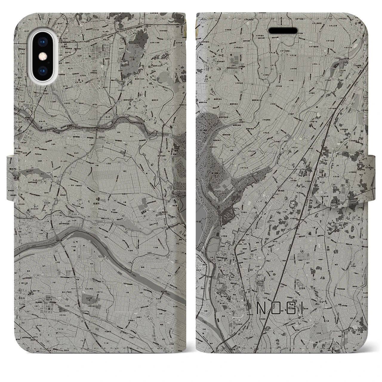 【野木(栃木県)】地図柄iPhoneケース(手帳タイプ)モノトーン・iPhone XS Max 用