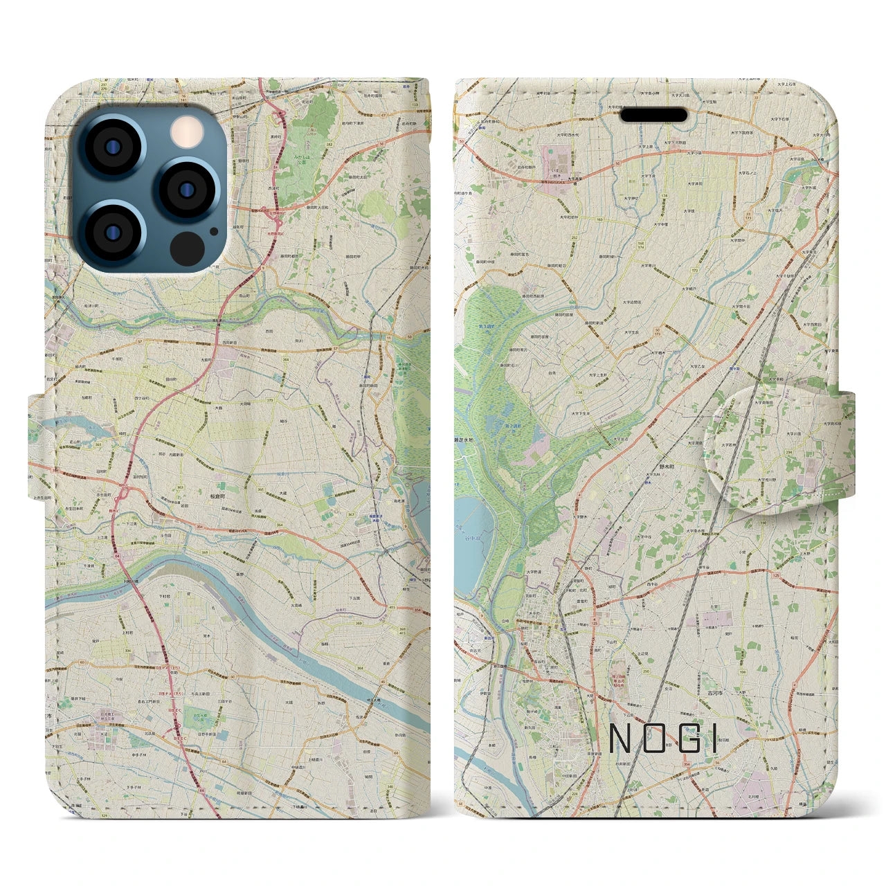 【野木(栃木県)】地図柄iPhoneケース(手帳タイプ)ナチュラル・iPhone 12 / 12 Pro 用