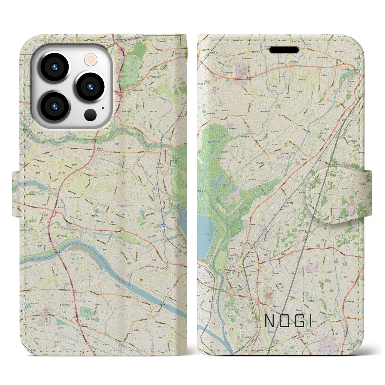 【野木(栃木県)】地図柄iPhoneケース(手帳タイプ)ナチュラル・iPhone 13 Pro 用