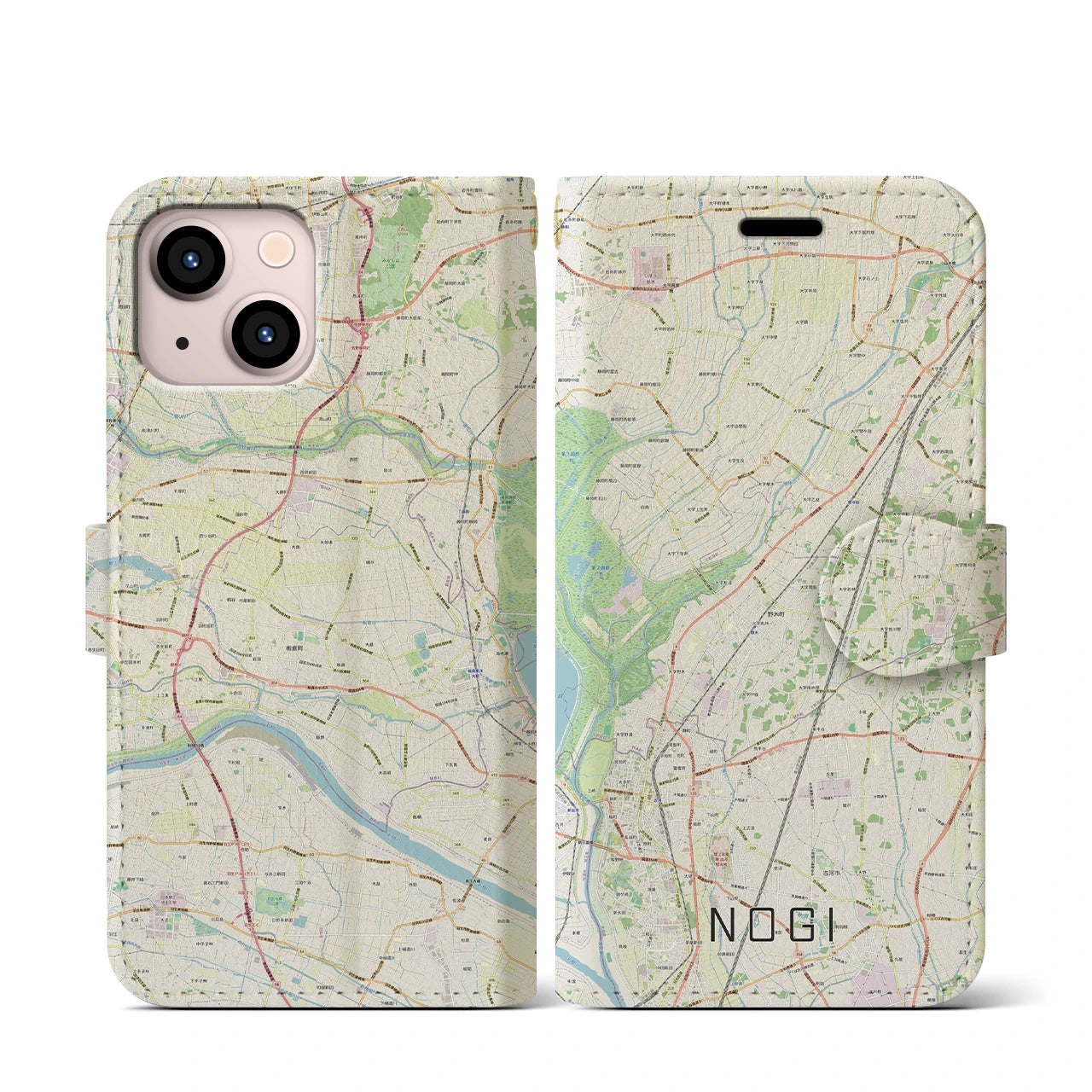 【野木(栃木県)】地図柄iPhoneケース(手帳タイプ)ナチュラル・iPhone 13 mini 用