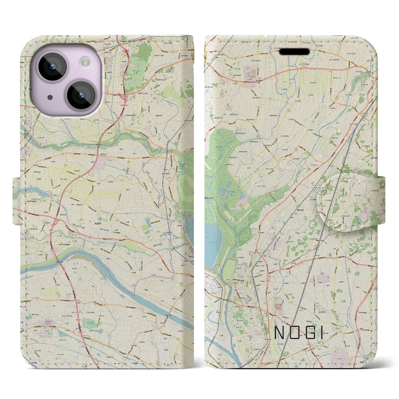【野木(栃木県)】地図柄iPhoneケース(手帳タイプ)ナチュラル・iPhone 14 用