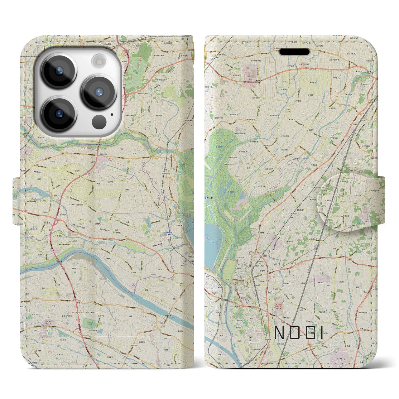 【野木(栃木県)】地図柄iPhoneケース(手帳タイプ)ナチュラル・iPhone 14 Pro 用