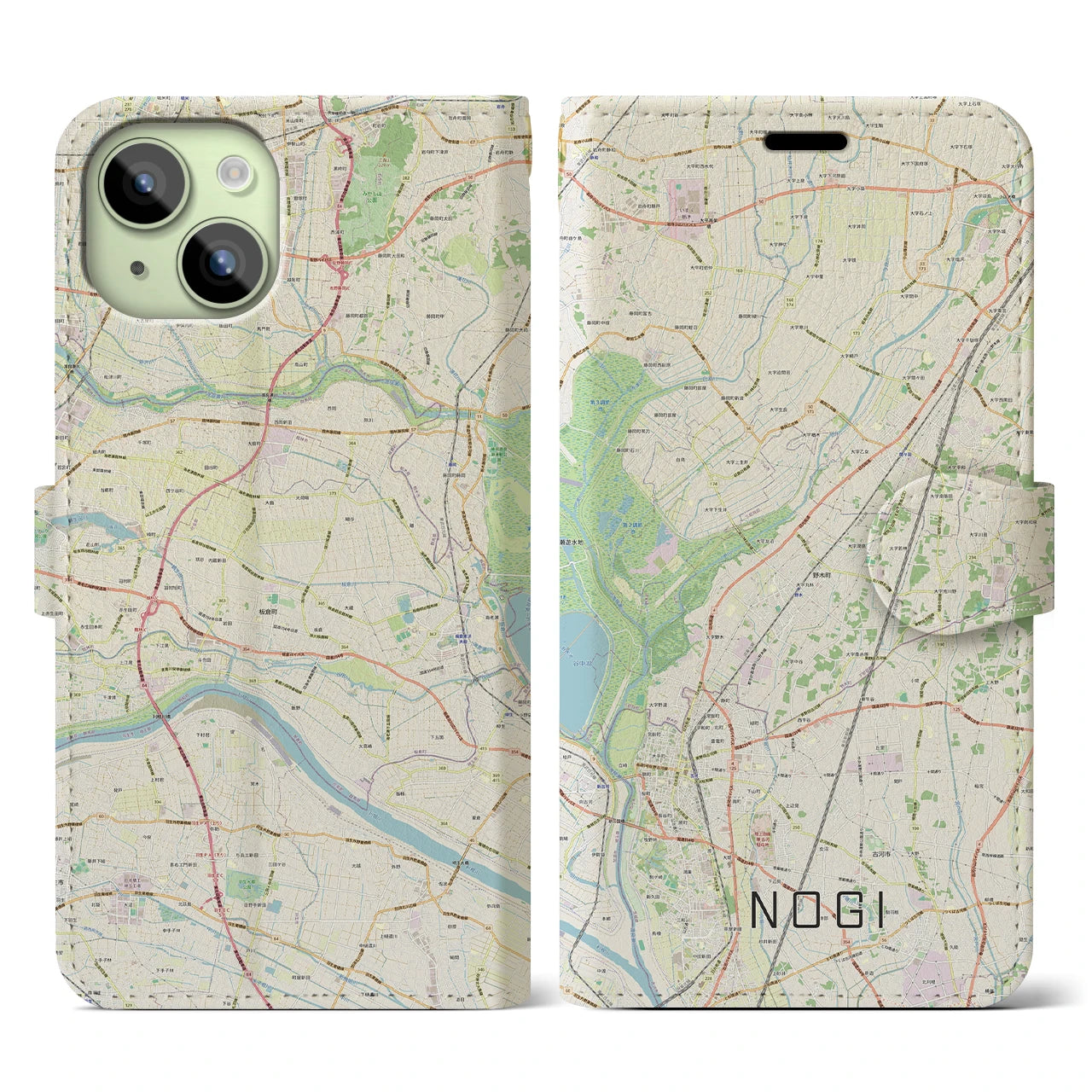 【野木(栃木県)】地図柄iPhoneケース(手帳タイプ)ナチュラル・iPhone 15 用