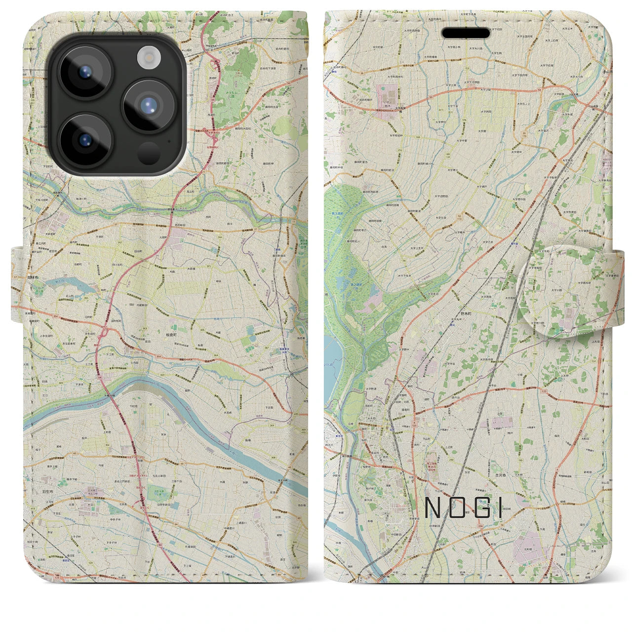 【野木(栃木県)】地図柄iPhoneケース(手帳タイプ)ナチュラル・iPhone 15 Pro Max 用