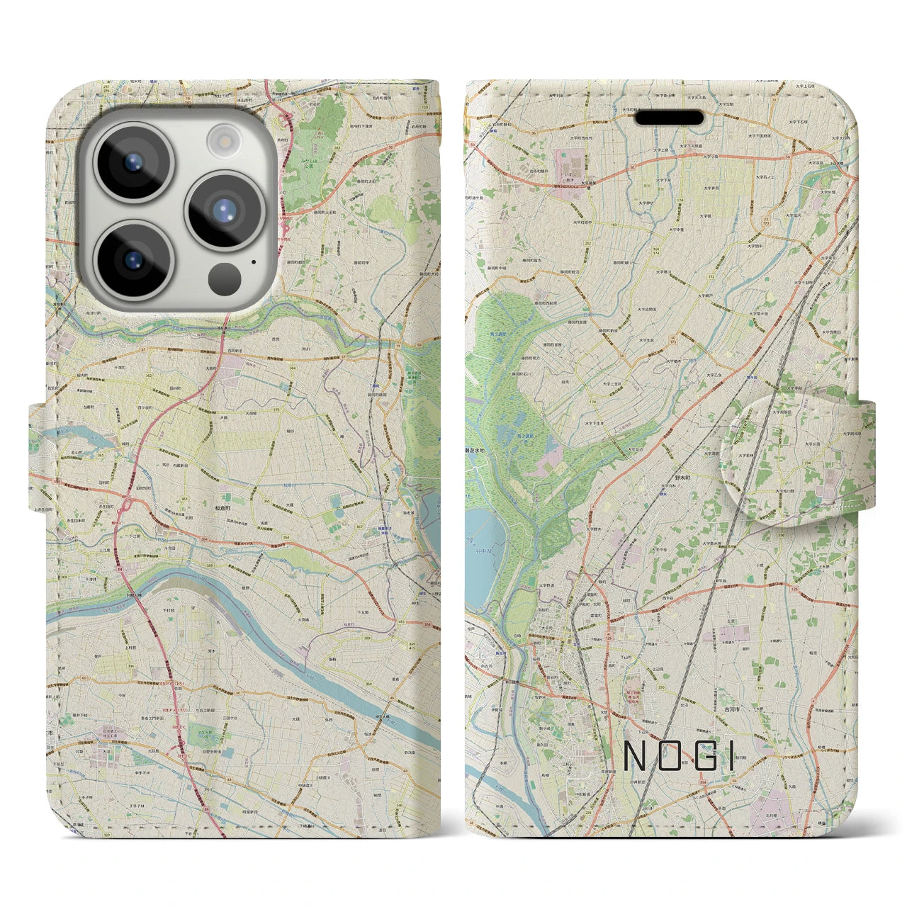 【野木(栃木県)】地図柄iPhoneケース(手帳タイプ)ナチュラル・iPhone 15 Pro 用
