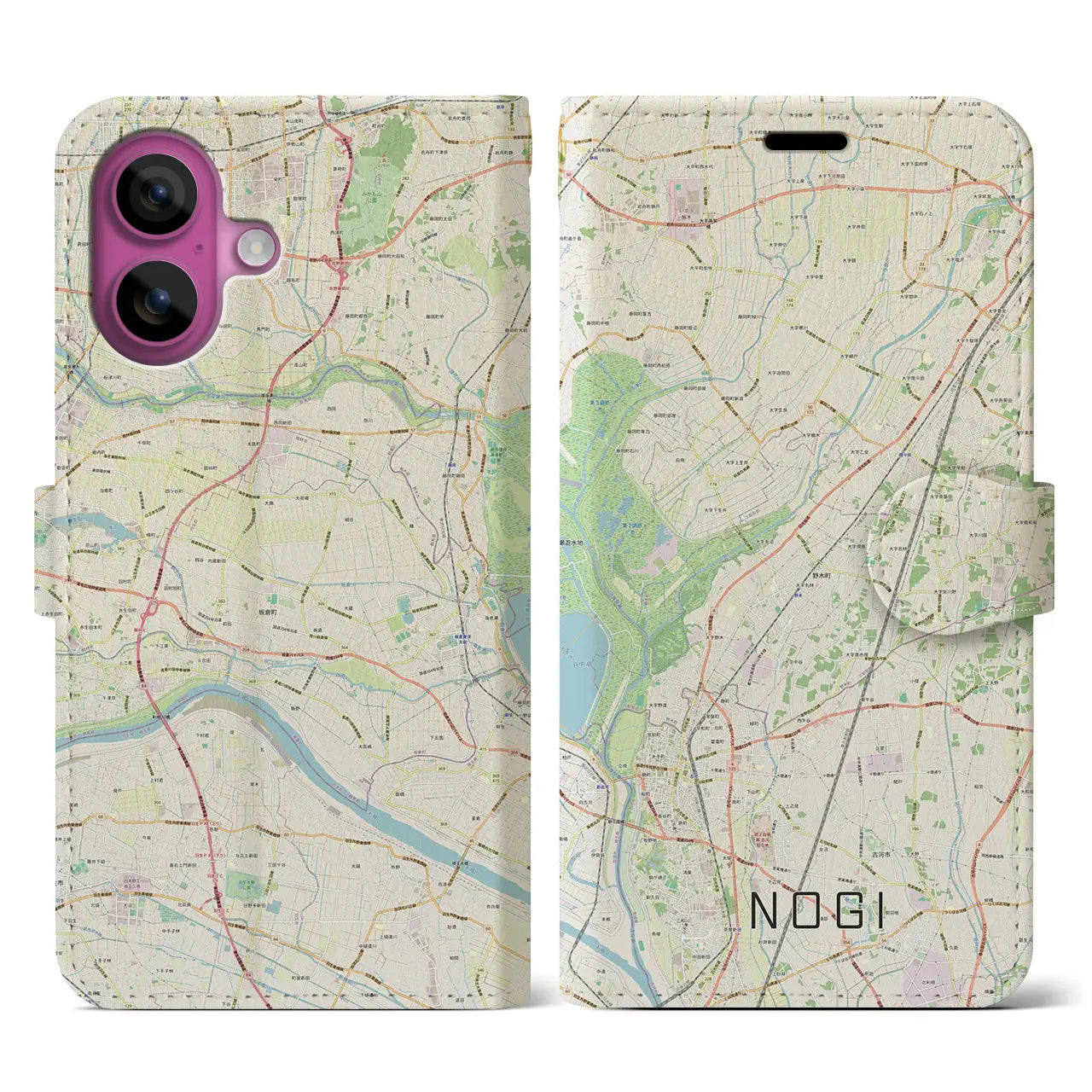 【野木(栃木県)】地図柄iPhoneケース(手帳タイプ)ナチュラル・iPhone 16 Pro 用