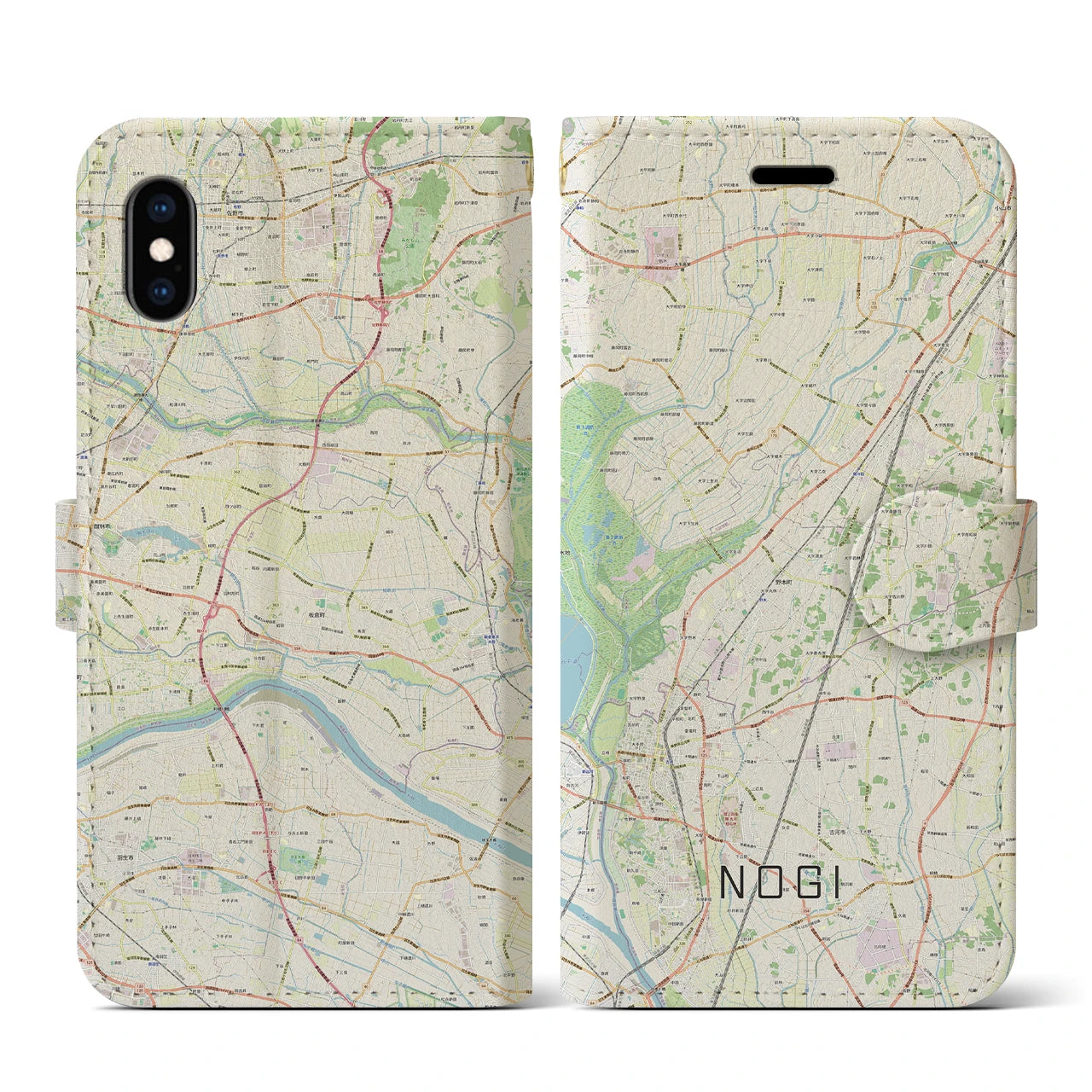【野木(栃木県)】地図柄iPhoneケース(手帳タイプ)ナチュラル・iPhone XS / X 用