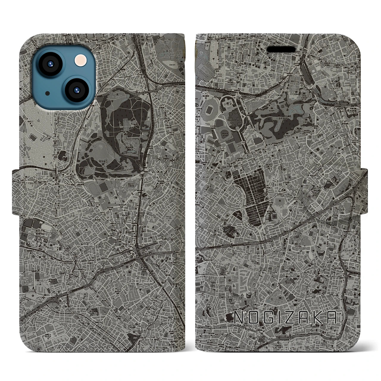 【乃木坂(東京都)】地図柄iPhoneケース(手帳タイプ)モノトーン・iPhone 13 用