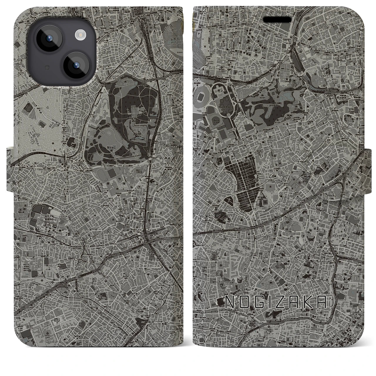【乃木坂(東京都)】地図柄iPhoneケース(手帳タイプ)モノトーン・iPhone 14 Plus 用