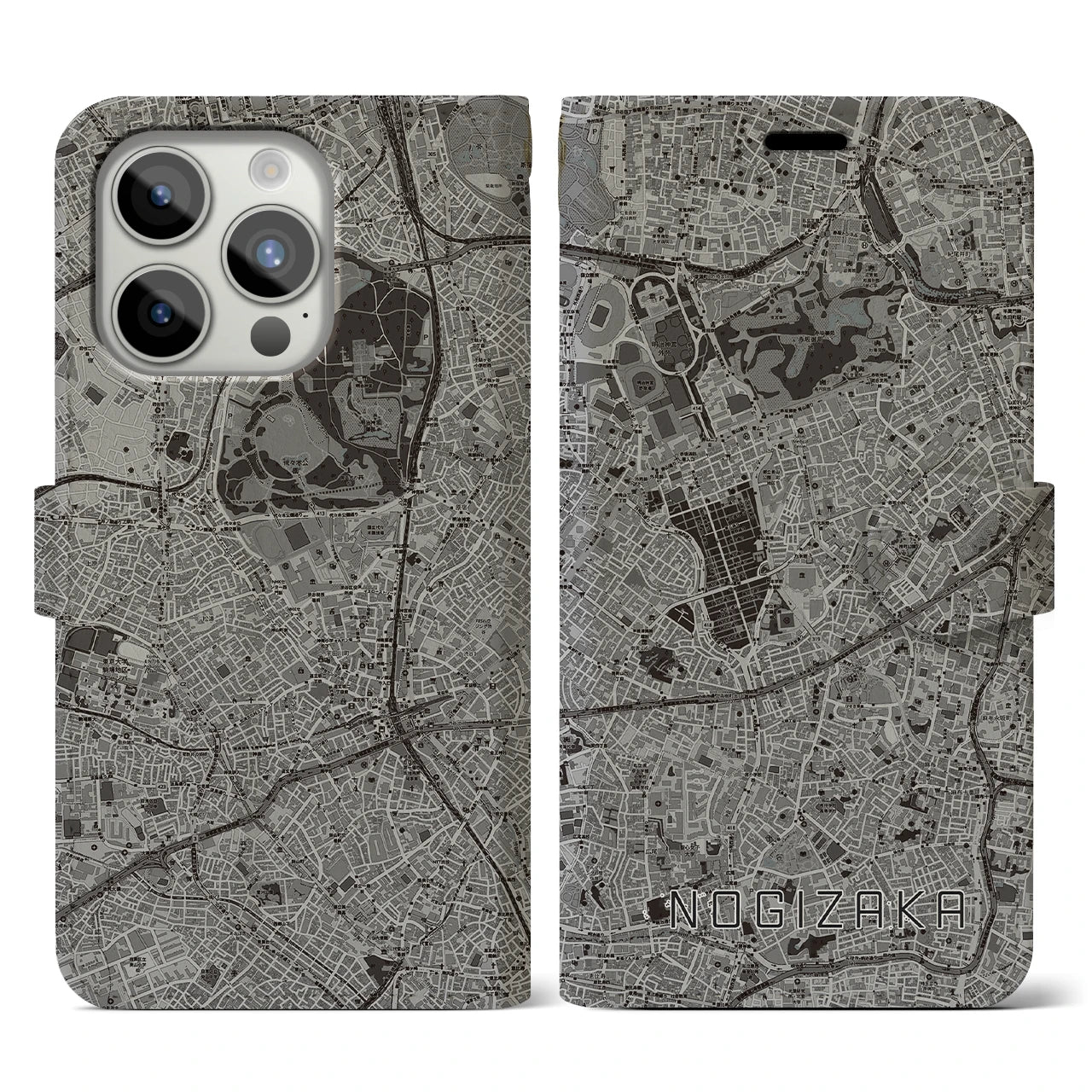 【乃木坂(東京都)】地図柄iPhoneケース(手帳タイプ)モノトーン・iPhone 15 Pro 用