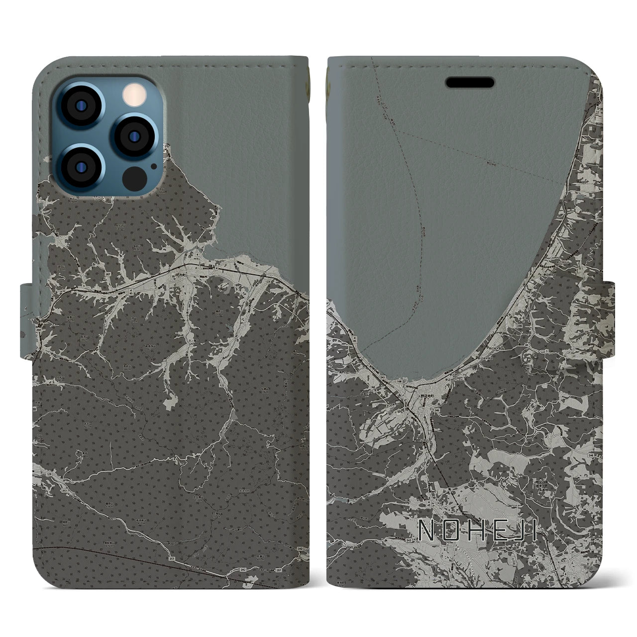 【野辺地(青森県)】地図柄iPhoneケース(手帳タイプ)モノトーン・iPhone 12 / 12 Pro 用