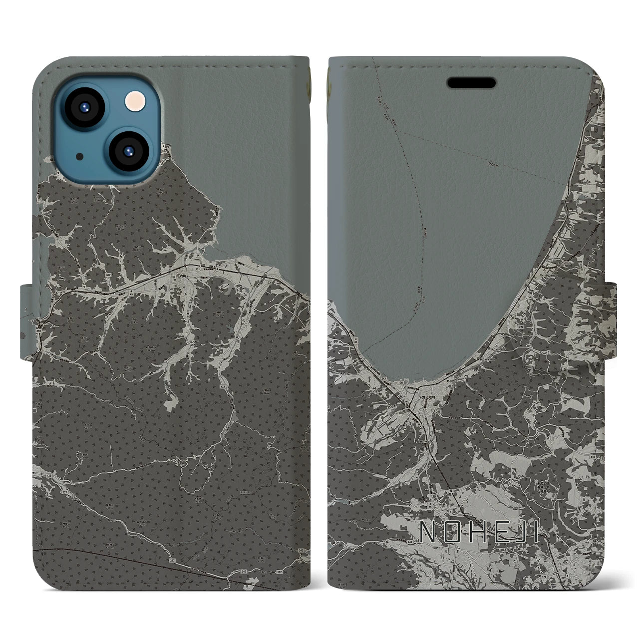 【野辺地(青森県)】地図柄iPhoneケース(手帳タイプ)モノトーン・iPhone 13 用