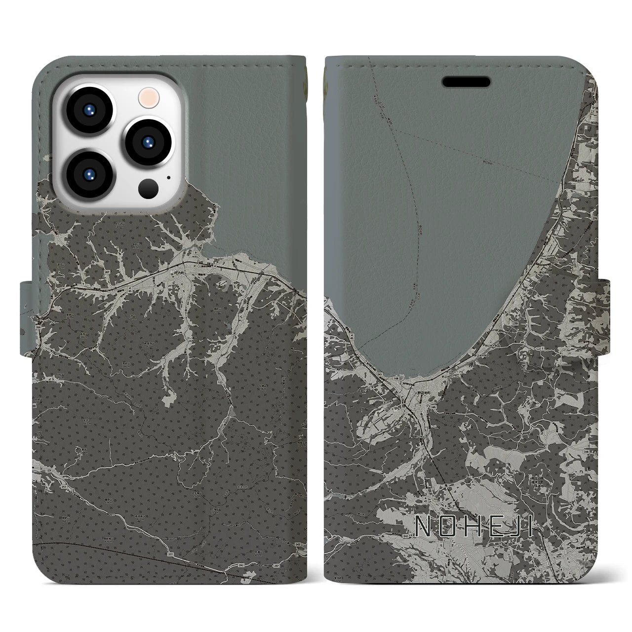 【野辺地(青森県)】地図柄iPhoneケース(手帳タイプ)モノトーン・iPhone 13 Pro 用