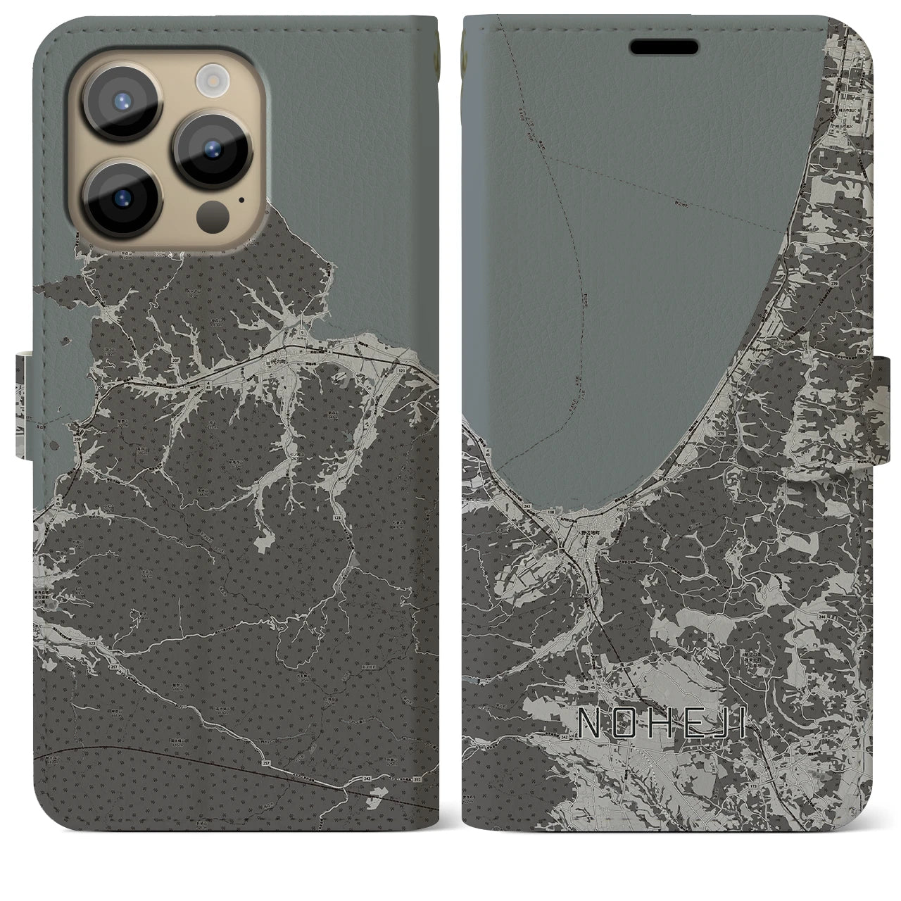 【野辺地(青森県)】地図柄iPhoneケース(手帳タイプ)モノトーン・iPhone 14 Pro Max 用