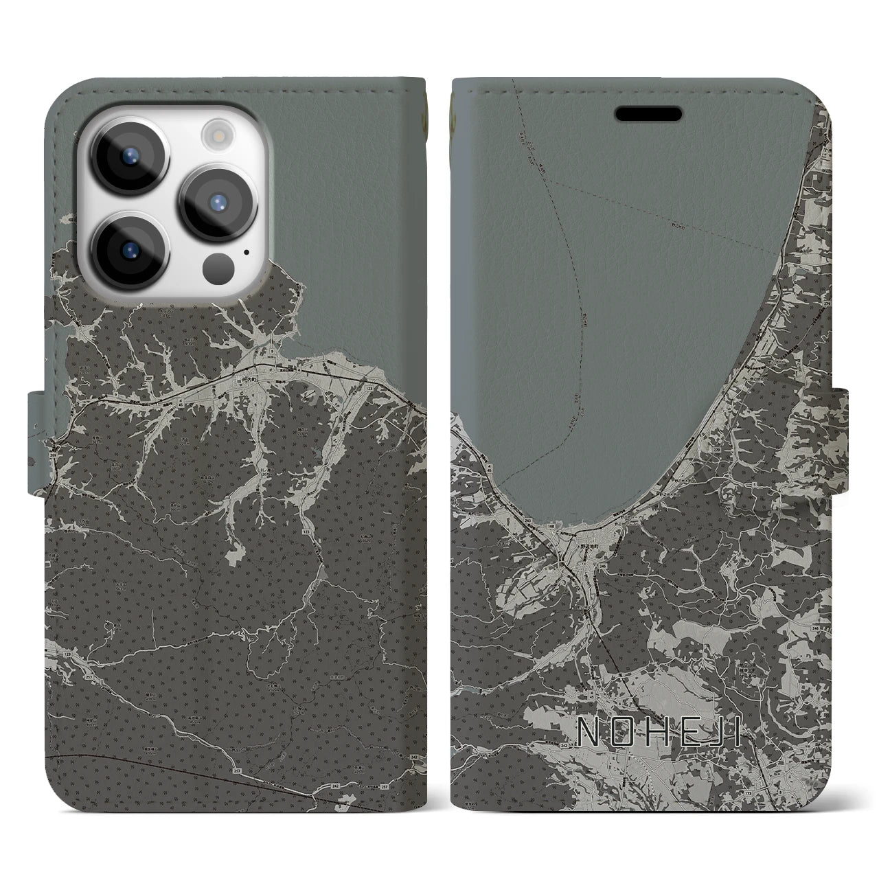 【野辺地(青森県)】地図柄iPhoneケース(手帳タイプ)モノトーン・iPhone 14 Pro 用