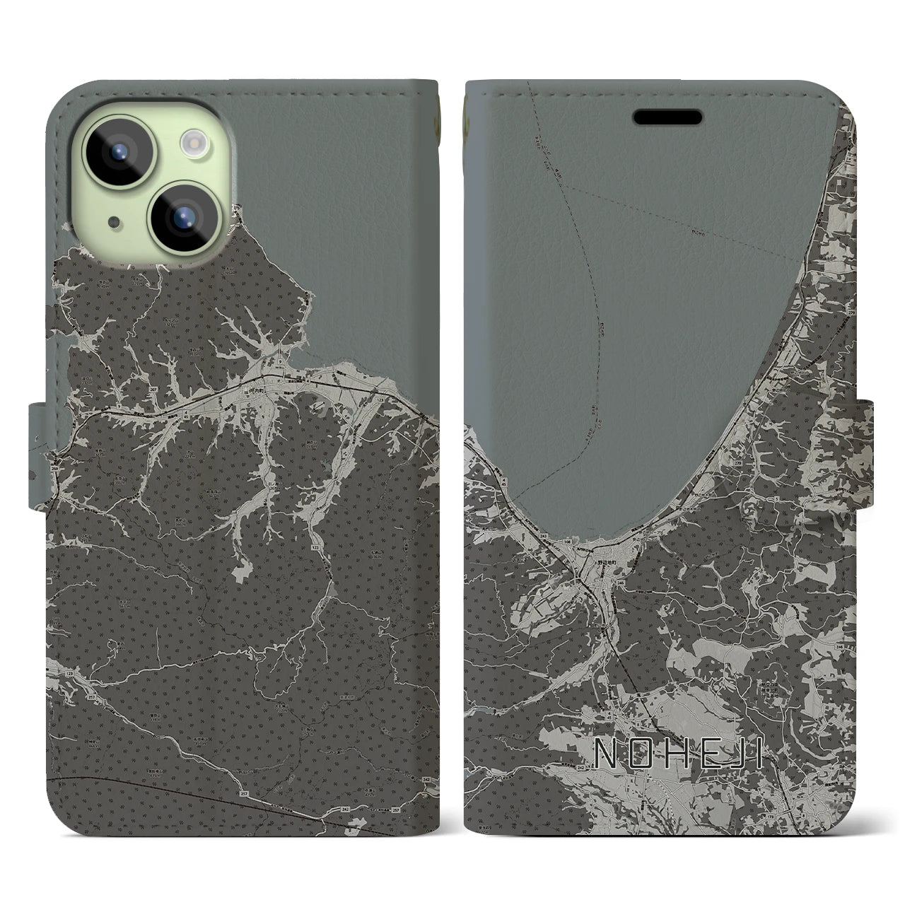 【野辺地(青森県)】地図柄iPhoneケース(手帳タイプ)モノトーン・iPhone 15 用