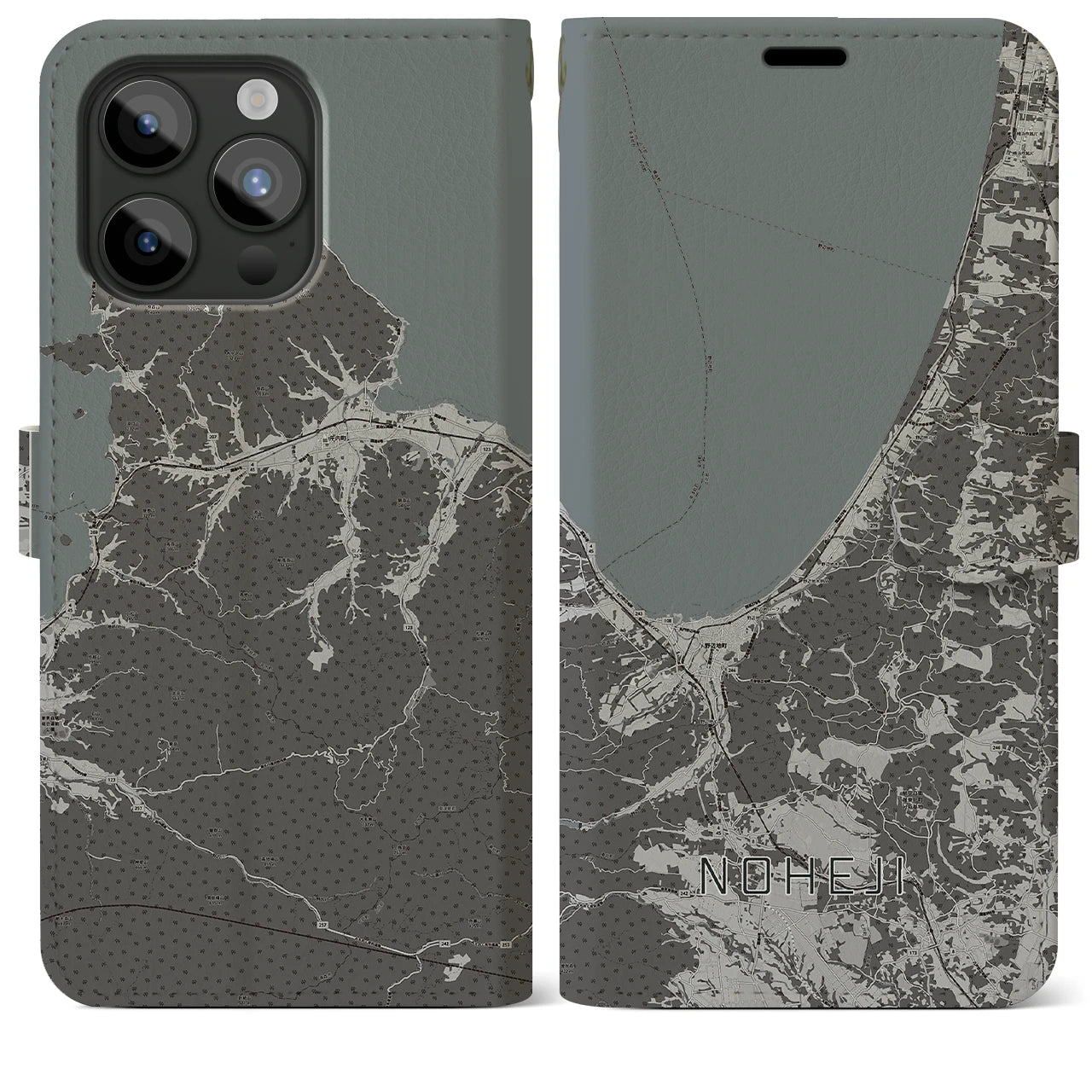 【野辺地(青森県)】地図柄iPhoneケース(手帳タイプ)モノトーン・iPhone 15 Pro Max 用