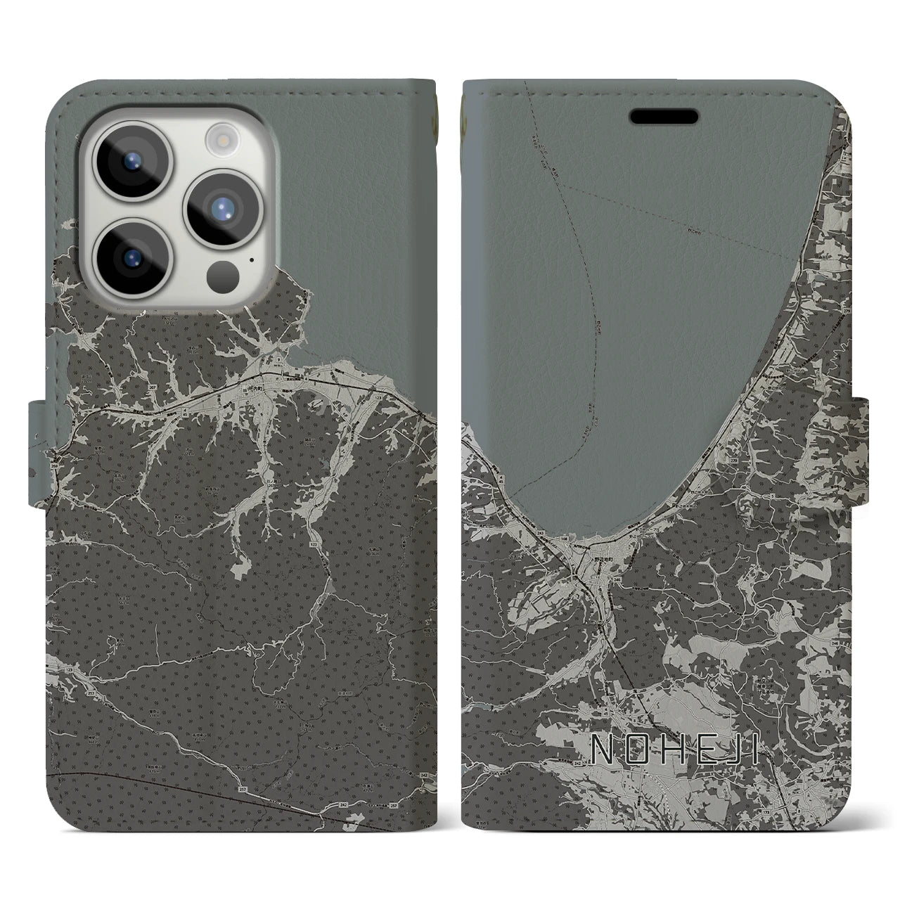 【野辺地(青森県)】地図柄iPhoneケース(手帳タイプ)モノトーン・iPhone 15 Pro 用