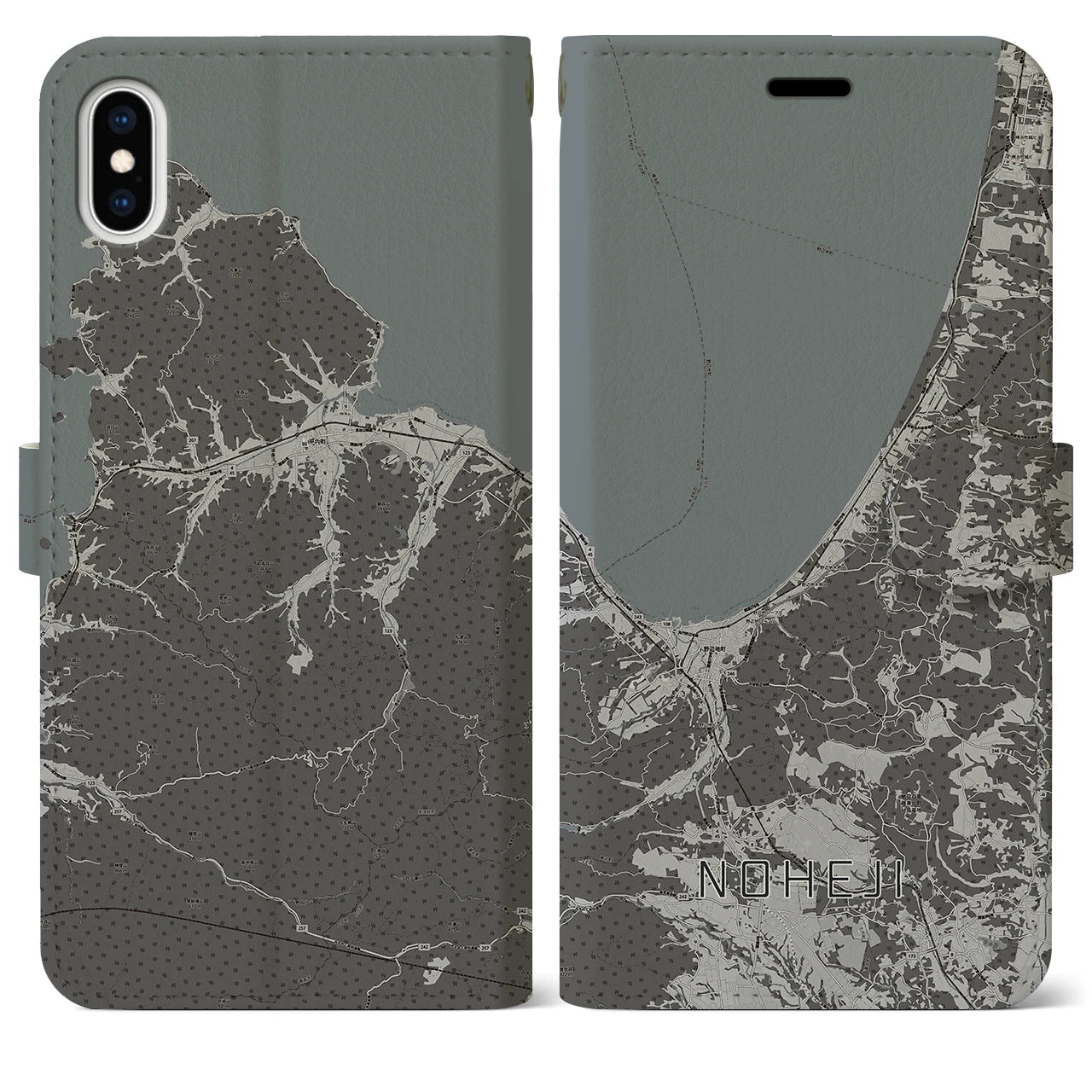 【野辺地(青森県)】地図柄iPhoneケース(手帳タイプ)モノトーン・iPhone XS Max 用