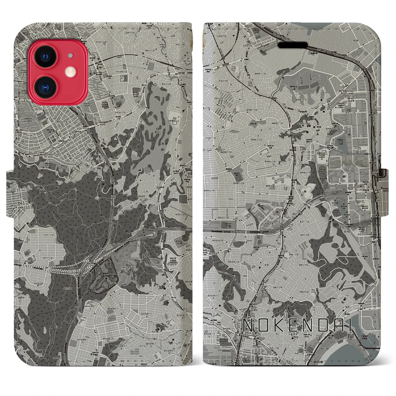 【能見台(神奈川県)】地図柄iPhoneケース(手帳タイプ)モノトーン・iPhone 11 用