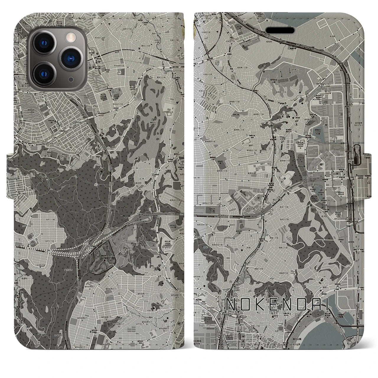【能見台(神奈川県)】地図柄iPhoneケース(手帳タイプ)モノトーン・iPhone 11 Pro Max 用