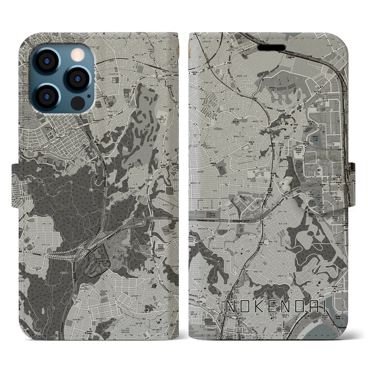 【能見台(神奈川県)】地図柄iPhoneケース(手帳タイプ)モノトーン・iPhone 12 / 12 Pro 用