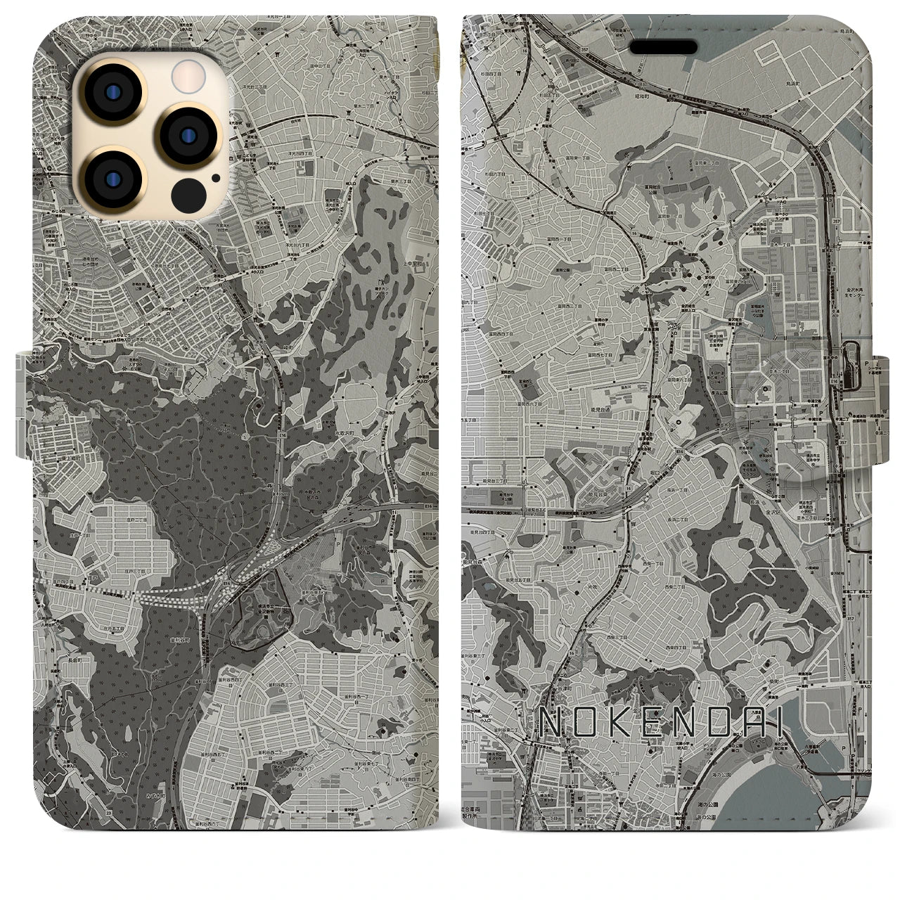 【能見台(神奈川県)】地図柄iPhoneケース(手帳タイプ)モノトーン・iPhone 12 Pro Max 用