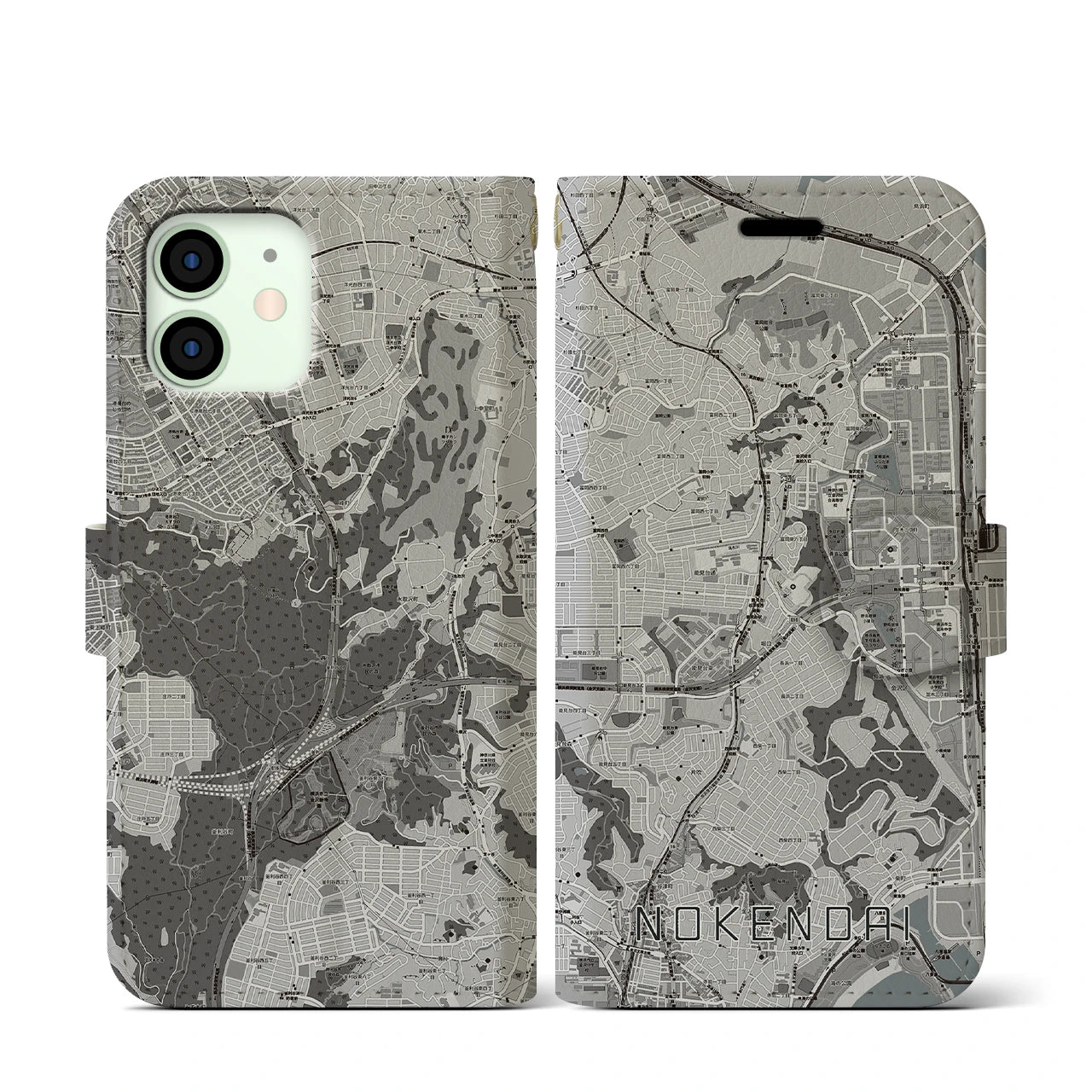 【能見台(神奈川県)】地図柄iPhoneケース(手帳タイプ)モノトーン・iPhone 12 mini 用